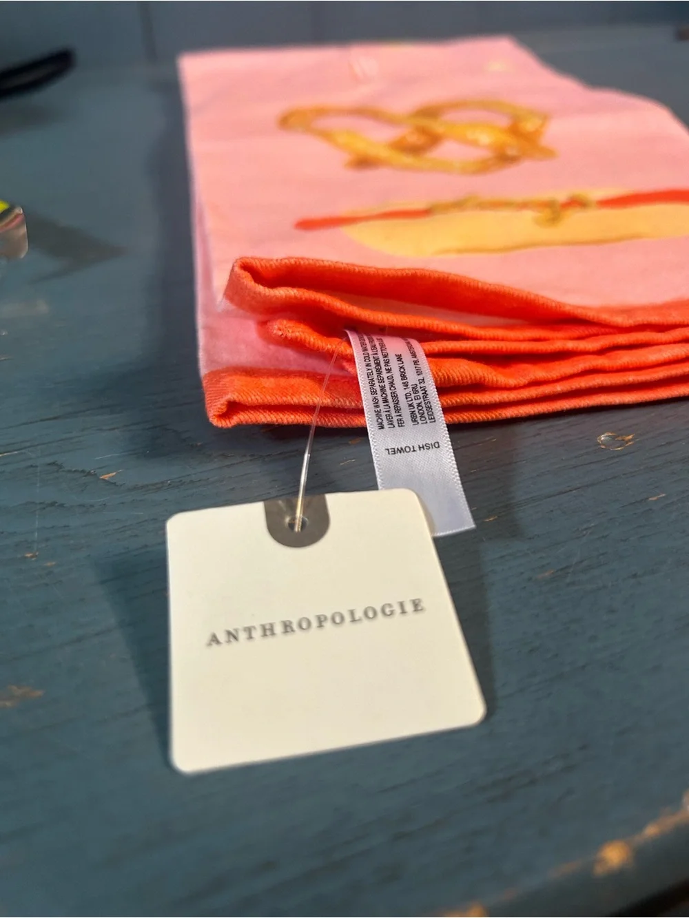 Anthropologie Pink Tea Towel with Orange Trim and Food Motifs - New $24